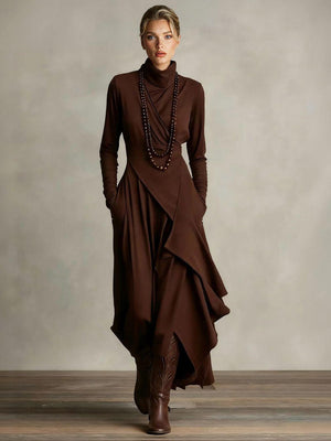 Aurohaya Elegant High-Neck Draped Asymmetrical Maxi Dress Brown