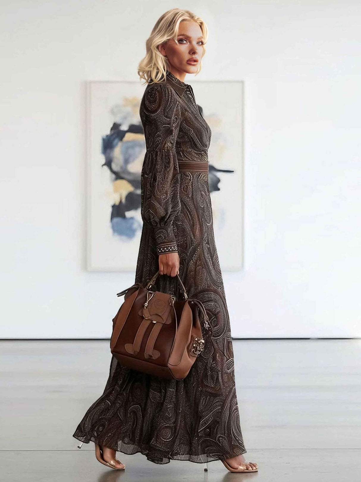 Aurohaya Retro Paisley Print Zipper Maxi Dress