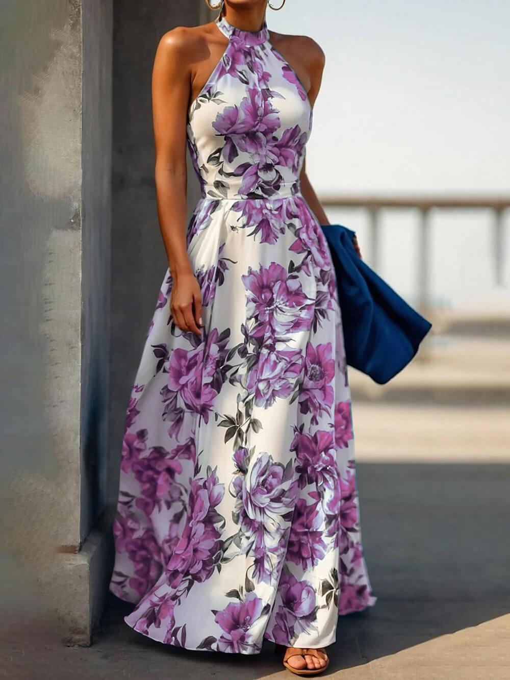 Aurohaya Elegant Floral Print Halter Neck Holiday Style Slim Maxi Dress Purple