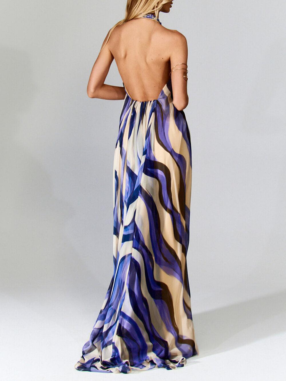 Aurohaya Elegant Vibrant Print Woven-Detail Backless Maxi Dress