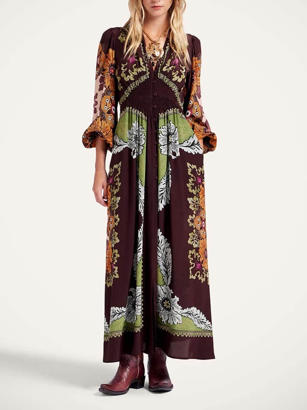 Aurohaya Unique Floral Print V-Neck Maxi Dress Multicolor