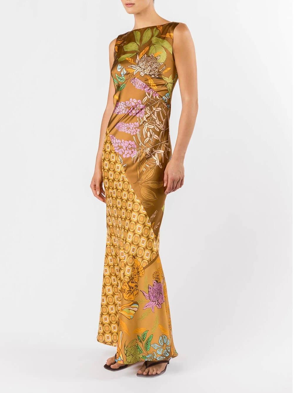 Aurohaya Exquisite Floral Print Satin A-Line Flared Maxi Dress Yellow