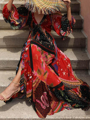 Aurohaya Bohemian Floral Print Patchwork Buckle Flounce V Neck Maxi Dress