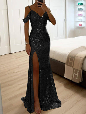 Aurohaya Elegant V-Neck Sequin Side-Slit Sleeveless Gown Maxi Dress