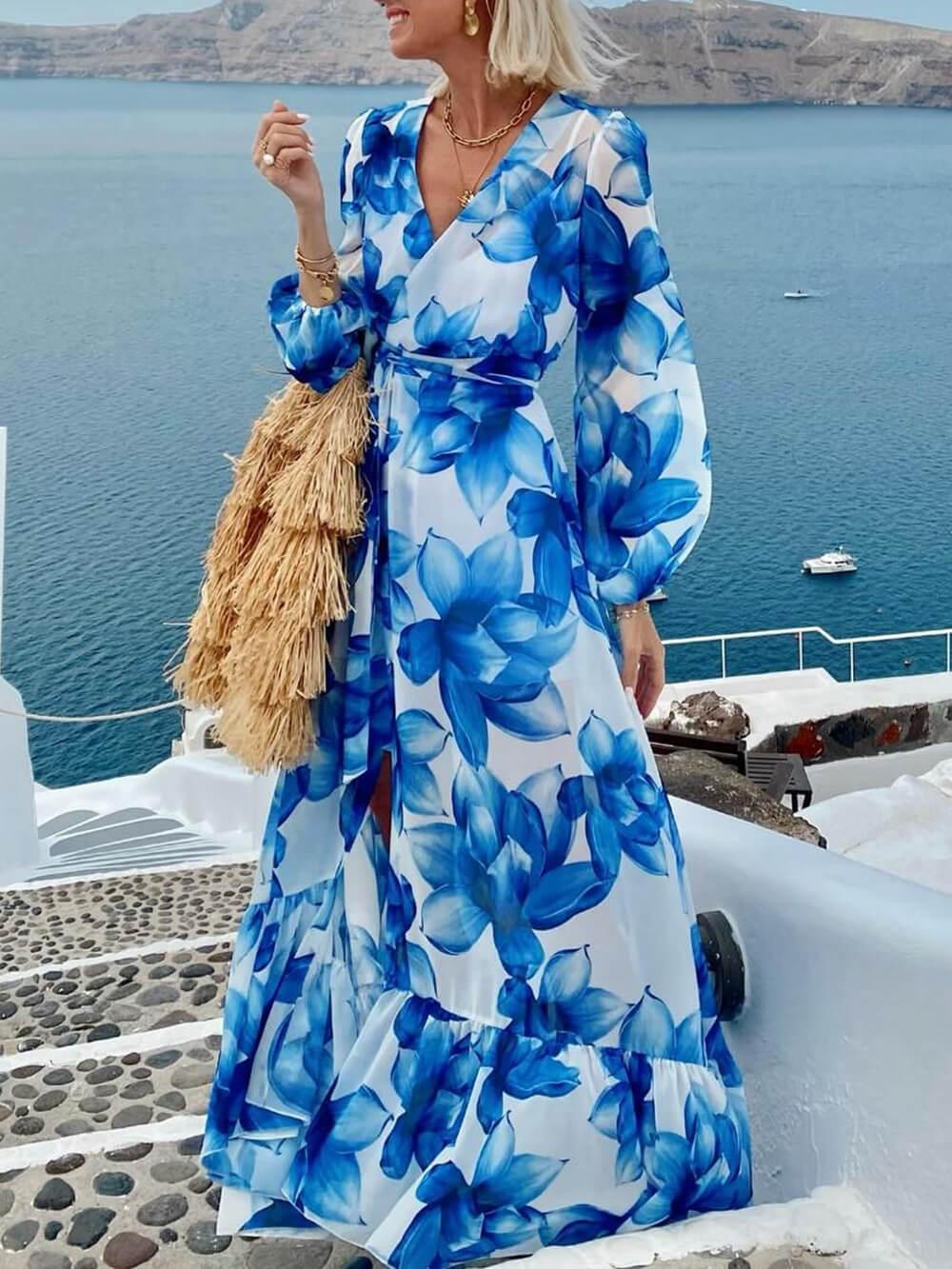 Aurohaya Elegant Floral Print Tie-Front Lantern Sleeve Vacation Maxi Dress Blue