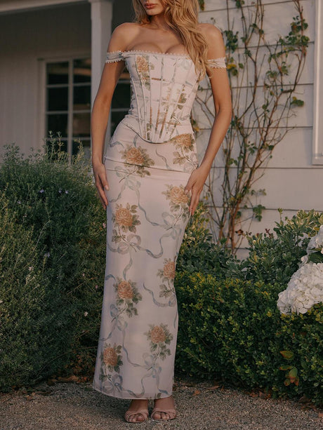 Aurohaya Retro Print Corset Maxi Dress