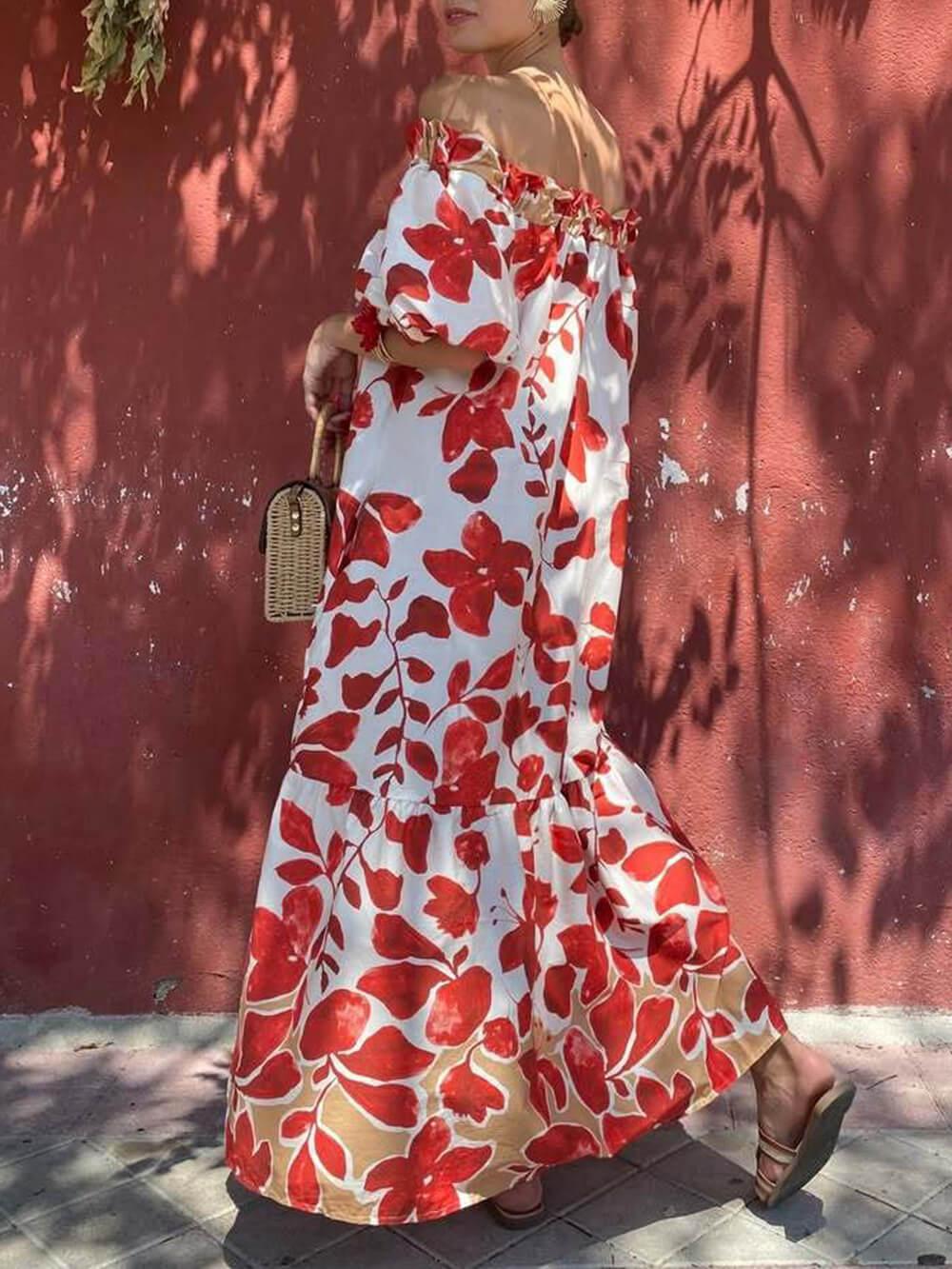 Aurohaya Casual Floral Print Off-Shoulder Puff Sleeve Maxi Dress