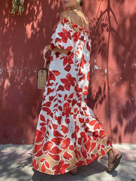 Aurohaya Casual Floral Print Off-Shoulder Puff Sleeve Maxi Dress