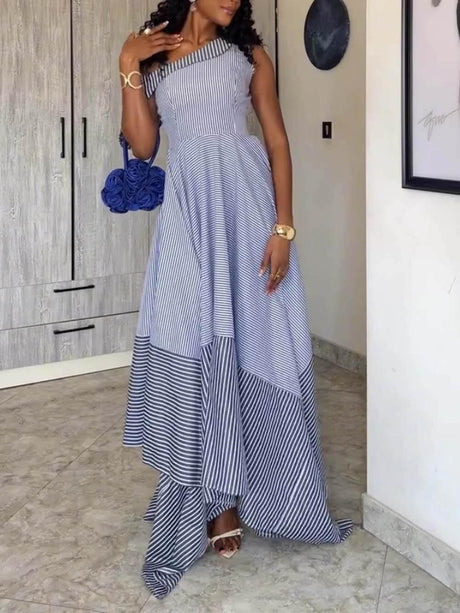 Aurohaya Classic Stripe Print One-Shoulder Asymmetrical Maxi Dress