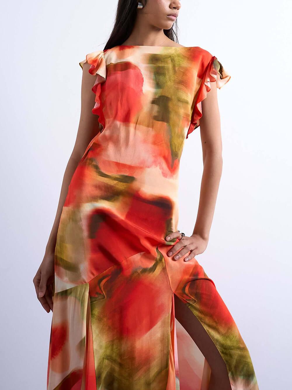 Aurohaya Unique Abstract Floral Print Draped Back Flowing Sleeves Maxi Dress