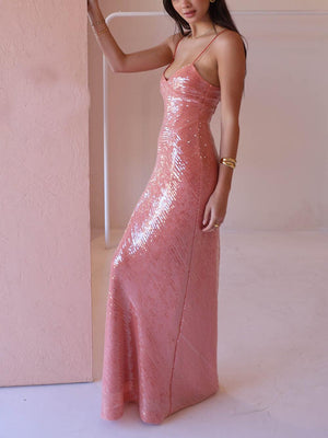 Aurohaya Exquisite And Elegant Sequined Backless Party Bodycon Maxi Dress