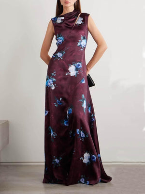 Aurohaya Asymmetrical Floral-Print Satin Maxi Dress Burgundy