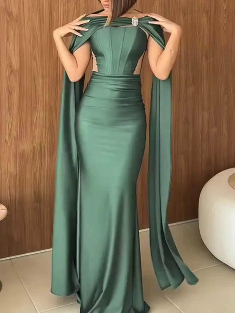 Aurohaya Elegant Strapless Cape Evening Maxi Dress