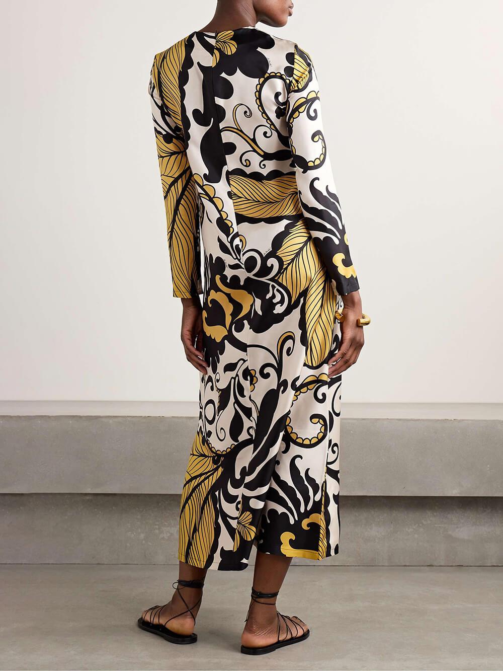 Aurohaya Unique Satin Swing Print Twill Midi Dress