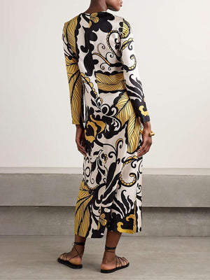 Aurohaya Unique Satin Swing Print Twill Midi Dress