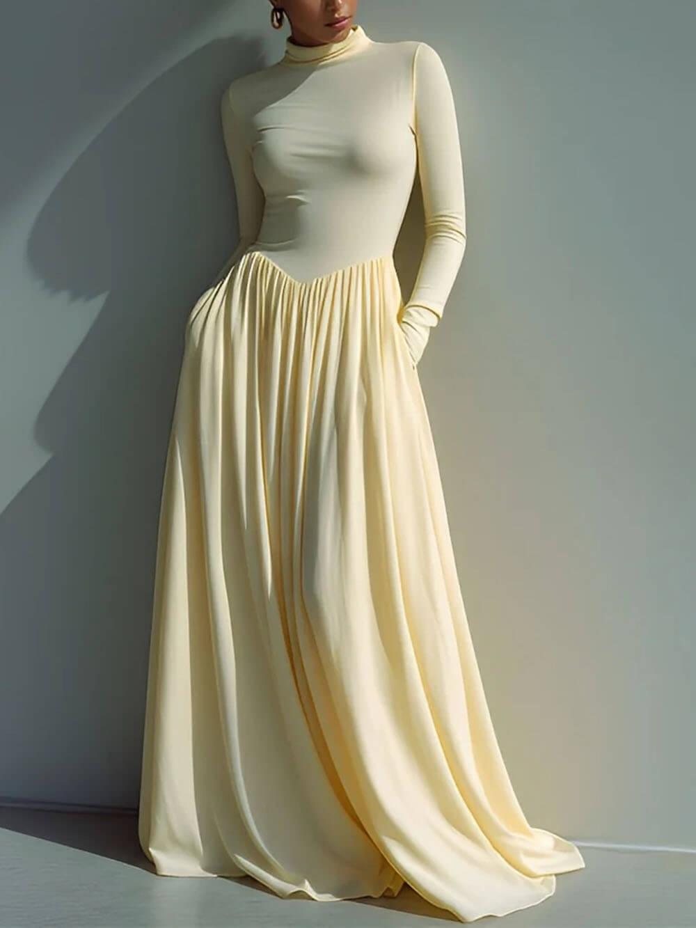 Aurohaya Exquisite Turtleneck Pleated Pocket Maxi Dress Cream