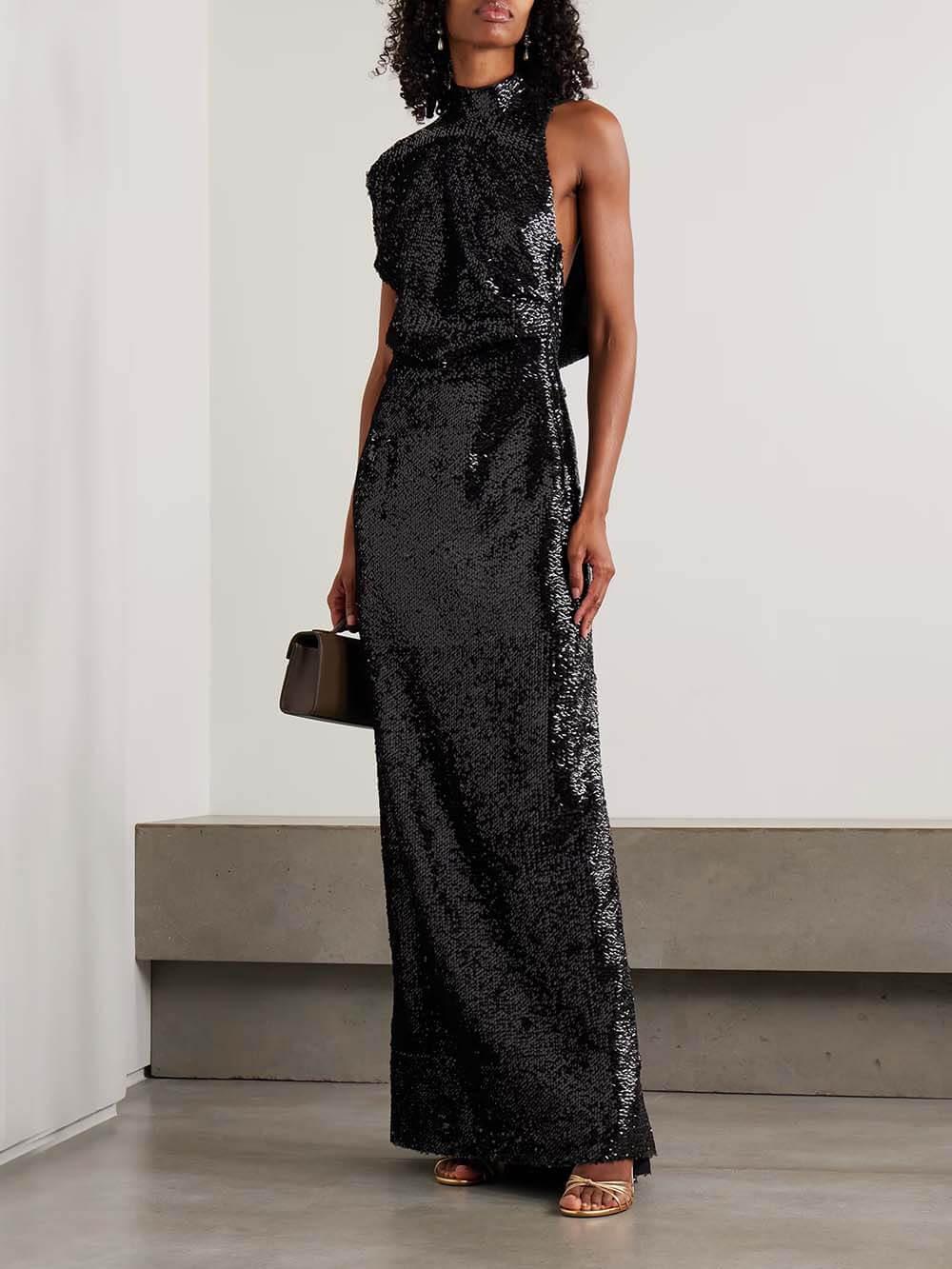 Aurohaya Sequined Draped Asymmetric Crepe Gown Maxi Dress Black