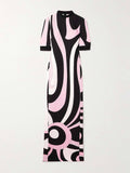 Retro-Inspired Unique Printed Satin Crinkle Maxi Dress