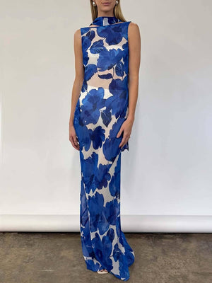 Aurohaya Elegant Floral Print Tie-Back Draped Open-Back Maxi Dress Blue