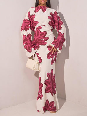 Aurohaya Elegant Floral Print Waist-Defined Maxi Dress Pink