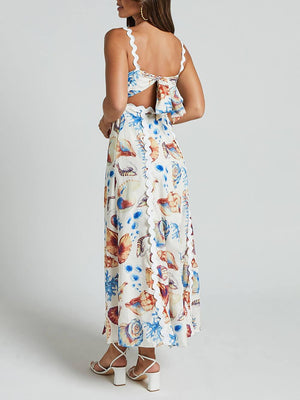 Aurohaya Casual Printed Suspenders Patchwork Loose Holiday Maxi Dress