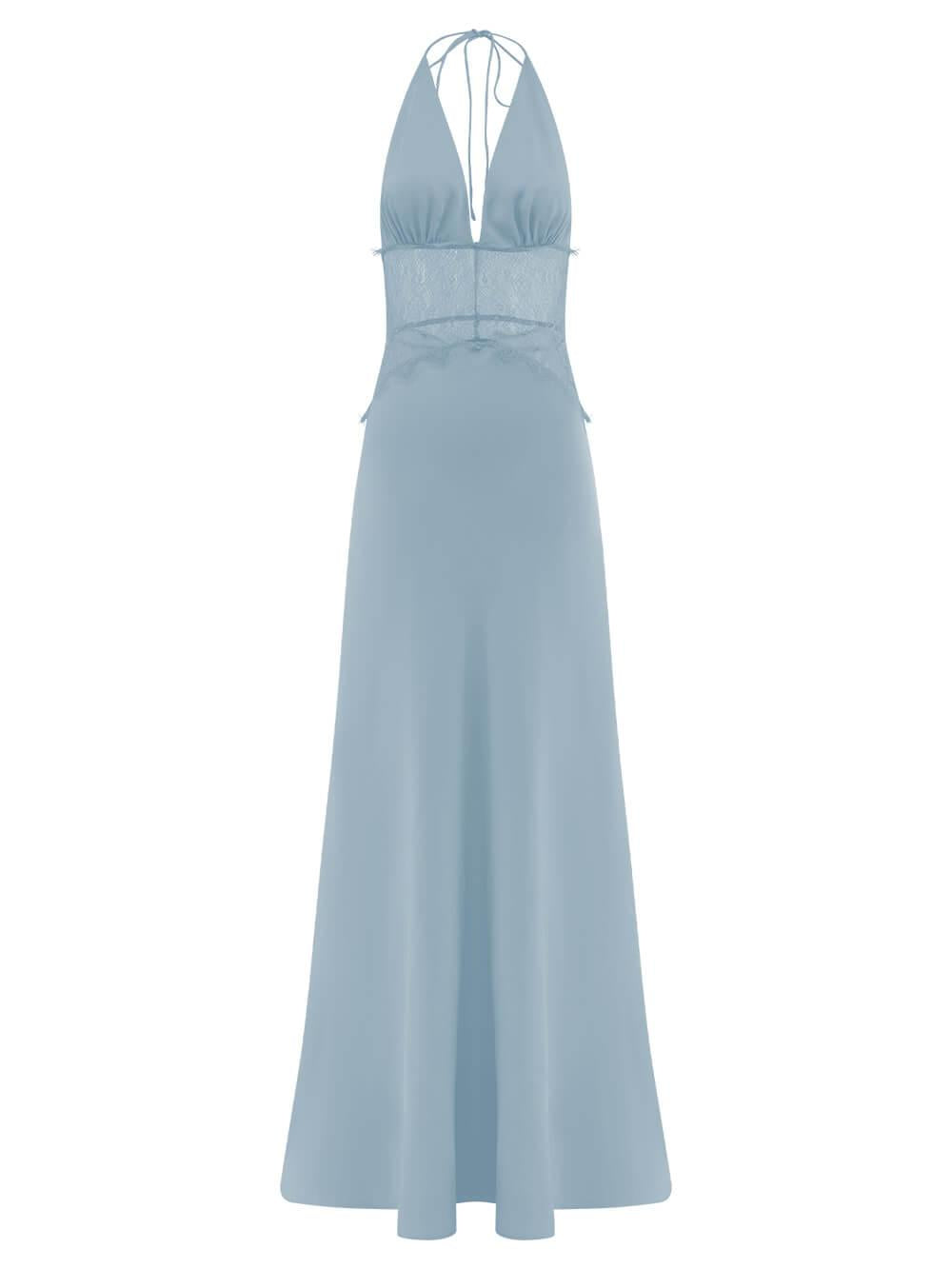 Aurohaya Elegant Lace-Panel V-Neck Lace-Up Satin Maxi Dress