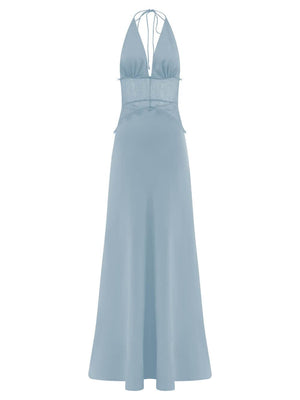 Aurohaya Elegant Lace-Panel V-Neck Lace-Up Satin Maxi Dress