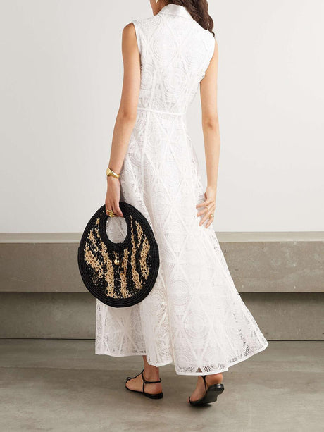 Aurohaya Exquisite Guipure Raised Floral Lace Maxi Shirt Dress