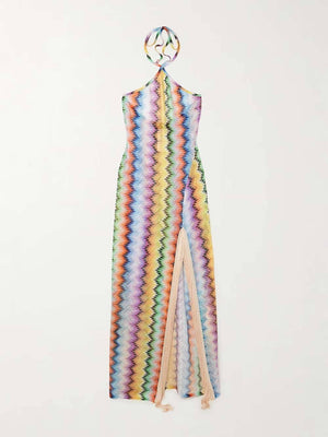 Aurohaya Unique Fringe Patchwork Striped Print Crochet Halter Maxi Dress