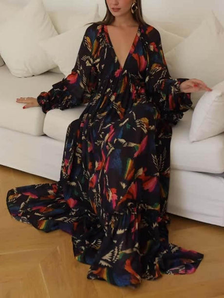 Aurohaya Delicately Patterned V-Neck Ruffle Sleeve Details Maxi Dress