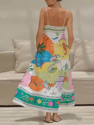 Aurohaya Unique Printed Strapless Sleeveless Resort Style Midi Dress