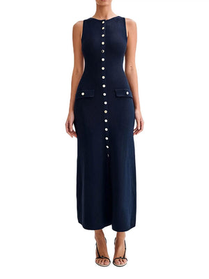 Aurohaya Elegant Crew Neck Buttoned Sleeveless Knit Midi Dress Navy Blue