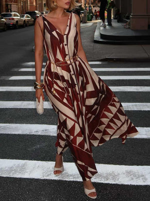 Aurohaya Unique Abstract Geometric Print Deep V-neck Fluffy Maxi Dress