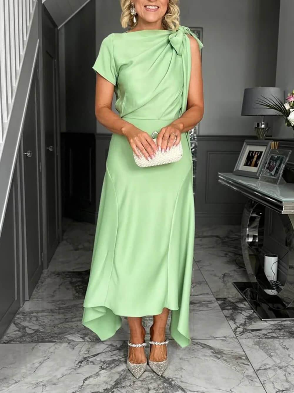 Aurohaya Elegant Lace-Up Cowl Neck Asymmetrical Formal Dress Green