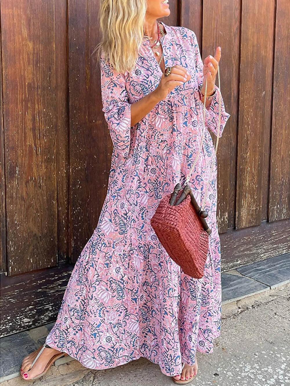 Aurohaya Fashionable Floral Print Loose V-Neck Holiday Maxi Dress