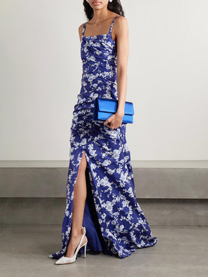 Aurohaya Elegant Ruffled Floral Print Satin Maxi Dress Blue