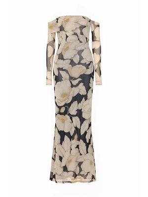 Aurohaya Elegant Floral Print Off-Shoulder Mesh Maxi Dress