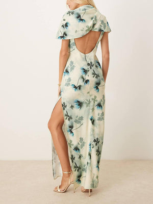 Aurohaya Exquisite Floral Print High Neck Cape Drape Bodycon Maxi Dress