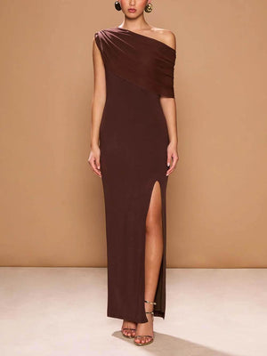 Aurohaya Elegant One-Shoulder Asymmetric Draped Chiffon Maxi Dress Brown