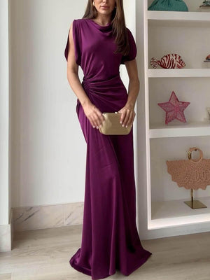 Aurohaya Exquisite High-Neck Side Pleated Party Maxi Dress Burgundy