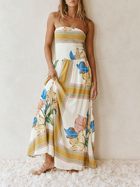 Aurohaya Elegant Off-Shoulder Printed Ruched A-Line With Pockets Maxi Dress