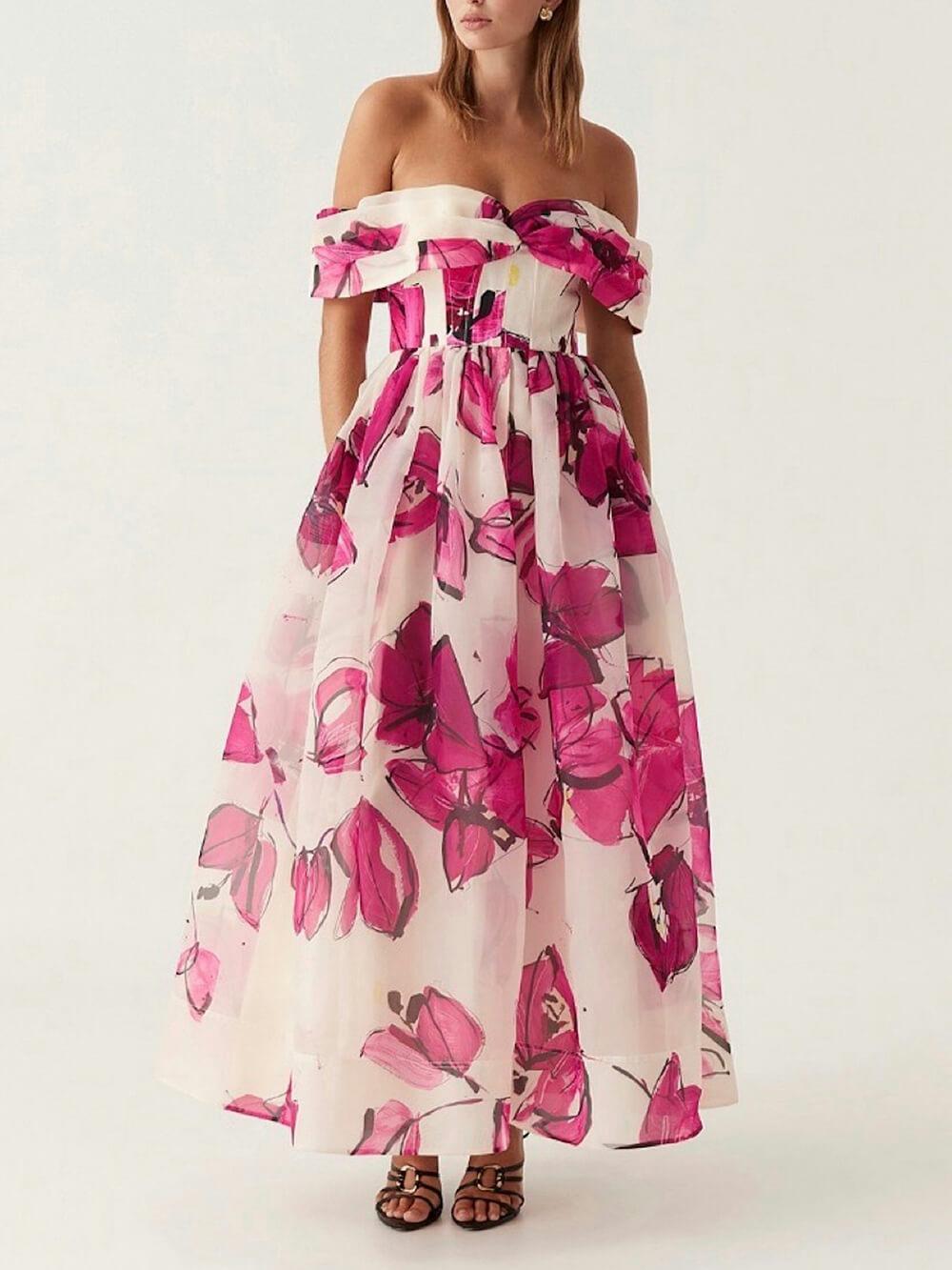 Aurohaya Delicate Playful Floral Print Cinched Waist Maxi Dress Pink