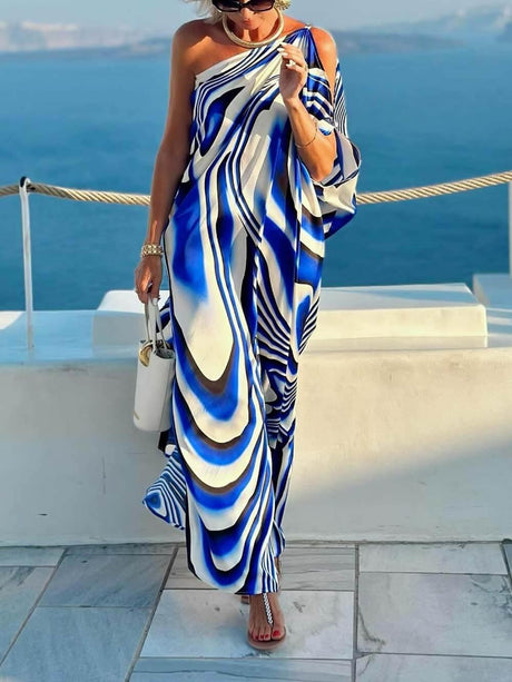 Aurohaya Unique Printed Cutout One-shoulder Holiday-style Loose Maxi Dress Blue