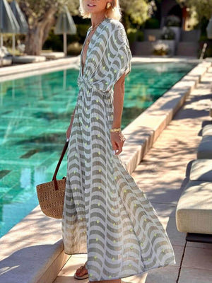 Aurohaya Unique Ruched Print With Drop Shoulders Side Slit Maxi Dress