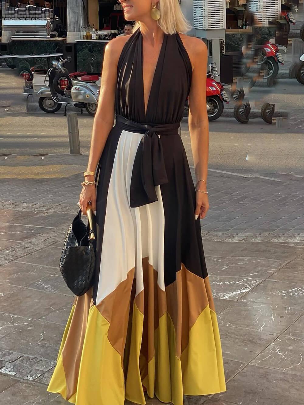 Aurohaya Elegant Geometric Patchwork Backless Tie-Back Maxi Dress Multicolor