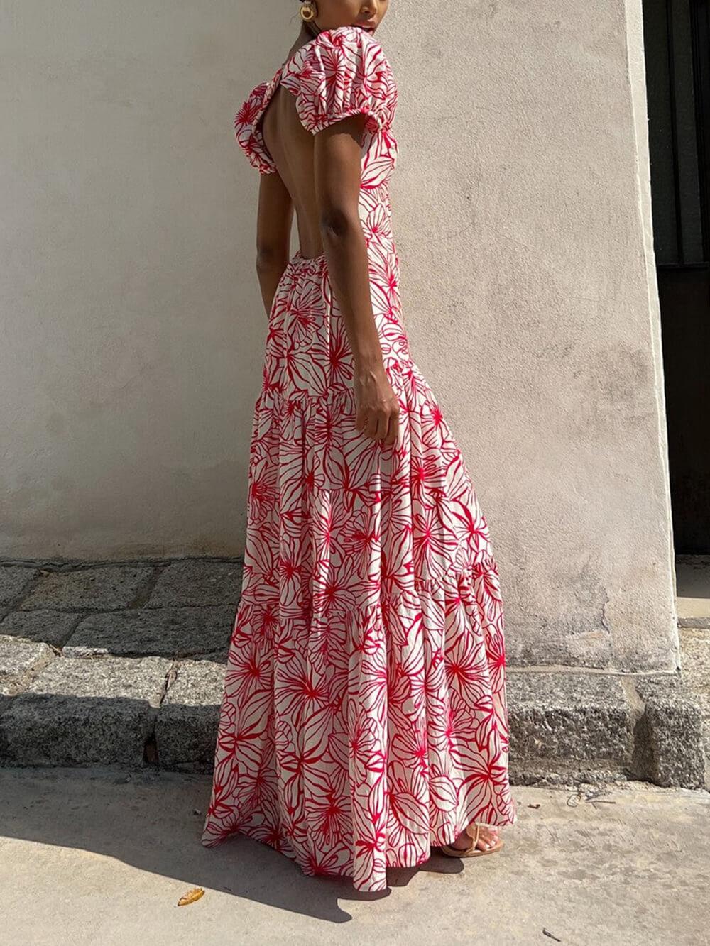 Aurohaya Beautiful Floral Print Cutout Open Back Pleated Maxi Dress