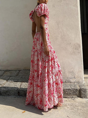 Aurohaya Beautiful Floral Print Cutout Open Back Pleated Maxi Dress