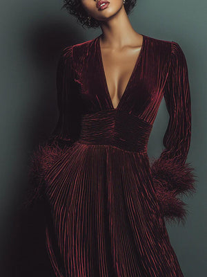Aurohaya Classic Pleated Suede Deep V-Neck Feather Panel Maxi Dress