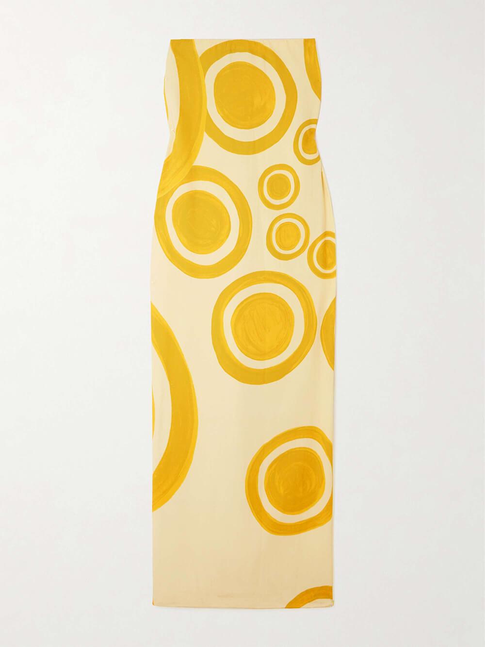 Aurohaya Elegant Off-Shoulder Circle Print Double-Crepe Maxi Dress