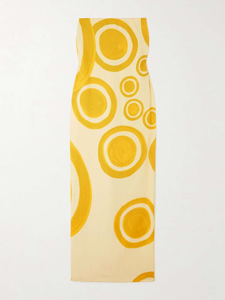 Aurohaya Elegant Off-Shoulder Circle Print Double-Crepe Maxi Dress